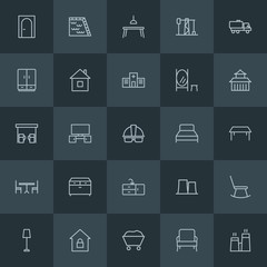 Modern Simple Set of industry, buildings, furniture Vector outline Icons. ..Contains such Icons as  summer,  safety,  building, service,  tv and more on dark background. Fully Editable. Pixel Perfect.