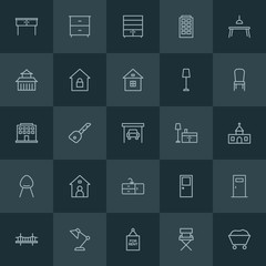 Modern Simple Set of industry, buildings, furniture Vector outline Icons. ..Contains such Icons as  business,  house, entrance,  lock,  desk and more on dark background. Fully Editable. Pixel Perfect.