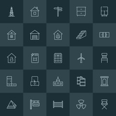 Modern Simple Set of industry, buildings, furniture Vector outline Icons. ..Contains such Icons as  door,  baby, castle, fuel,  tank,  sign and more on dark background. Fully Editable. Pixel Perfect.