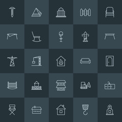 Modern Simple Set of industry, buildings, furniture Vector outline Icons. ..Contains such Icons as  cosmetics,  estate,  real,  beauty,  old and more on dark background. Fully Editable. Pixel Perfect.