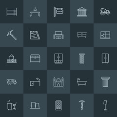 Fototapeta na wymiar Modern Simple Set of industry, buildings, furniture Vector outline Icons. ..Contains such Icons as table, column, desk, business, bathtub and more on dark background. Fully Editable. Pixel Perfect.