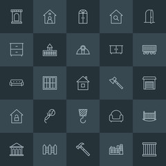 Modern Simple Set of industry, buildings, furniture Vector outline Icons. ..Contains such Icons as castle,  crime,  money,  house, fence and more on dark background. Fully Editable. Pixel Perfect.