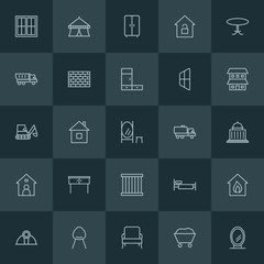 Modern Simple Set of industry, buildings, furniture Vector outline Icons. ..Contains such Icons as fire, helmet,  building,  armchair, house and more on dark background. Fully Editable. Pixel Perfect.