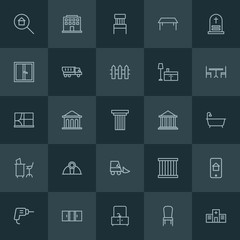 Modern Simple Set of industry, buildings, furniture Vector outline Icons. ..Contains such Icons as hospital,  jail,  chair, window,  bank and more on dark background. Fully Editable. Pixel Perfect.