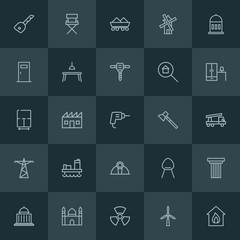Modern Simple Set of industry, buildings, furniture Vector outline Icons. ..Contains such Icons as  turbine,  religion, makeup,  smoke,  key and more on dark background. Fully Editable. Pixel Perfect.
