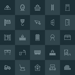 Modern Simple Set of industry, buildings, furniture Vector outline Icons. ..Contains such Icons as  tool,  room, frame, sofa,  step,  home and more on dark background. Fully Editable. Pixel Perfect.