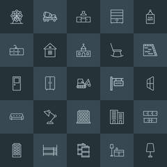 Modern Simple Set of industry, buildings, furniture Vector outline Icons. ..Contains such Icons as night,  room,  table, london,  city, bunk and more on dark background. Fully Editable. Pixel Perfect.