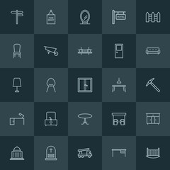 Modern Simple Set of industry, buildings, furniture Vector outline Icons. ..Contains such Icons as  comfy,  furniture,  fuel,  vehicle, rent and more on dark background. Fully Editable. Pixel Perfect.