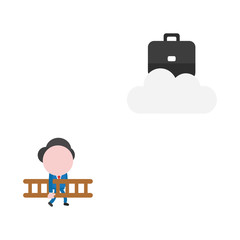 Vector illustration businessman walking carrying wooden ladder to reach briefcase on cloud