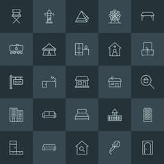 Modern Simple Set of industry, buildings, furniture Vector outline Icons. ..Contains such Icons as desk,  residential,  industry,  clothes and more on dark background. Fully Editable. Pixel Perfect.