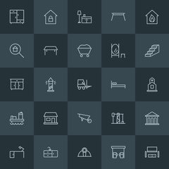 Modern Simple Set of industry, buildings, furniture Vector outline Icons. ..Contains such Icons as  banking,  home, bathroom,  gasoline, gas and more on dark background. Fully Editable. Pixel Perfect.