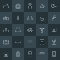 Modern Simple Set of industry, buildings, furniture Vector outline Icons. ..Contains such Icons as furniture,  house, castle, closet,  plant and more on dark background. Fully Editable. Pixel Perfect.