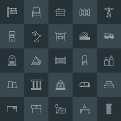 Modern Simple Set of industry, buildings, furniture Vector outline Icons. ..Contains such Icons as  city,  building, house, pyramid,  house and more on dark background. Fully Editable. Pixel Perfect.