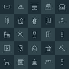 Modern Simple Set of industry, buildings, furniture Vector outline Icons. ..Contains such Icons as storage,  building,  electric,  interior and more on dark background. Fully Editable. Pixel Perfect.