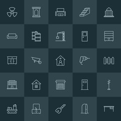 Modern Simple Set of industry, buildings, furniture Vector outline Icons. ..Contains such Icons as home,  desk,  danger,  set,  lock,  rack and more on dark background. Fully Editable. Pixel Perfect.
