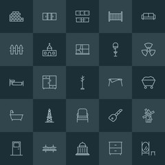 Modern Simple Set of industry, buildings, furniture Vector outline Icons. ..Contains such Icons as wall,  cabinet,  courthouse,  landscape and more on dark background. Fully Editable. Pixel Perfect.
