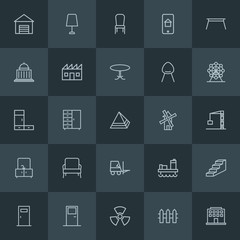 Modern Simple Set of industry, buildings, furniture Vector outline Icons. ..Contains such Icons as oil,  clothing,  chair, coffee,  house and more on dark background. Fully Editable. Pixel Perfect.