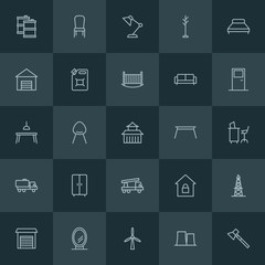 Modern Simple Set of industry, buildings, furniture Vector outline Icons. ..Contains such Icons as  light,  turbine,  design, axe, lock and more on dark background. Fully Editable. Pixel Perfect.