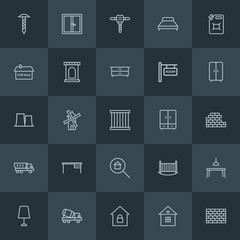 Modern Simple Set of industry, buildings, furniture Vector outline Icons. ..Contains such Icons as bedroom,  repair, lock,  dining,  house and more on dark background. Fully Editable. Pixel Perfect.