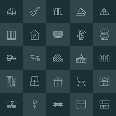 Modern Simple Set of industry, buildings, furniture Vector outline Icons. ..Contains such Icons as  religion, transportation,  storage,  set and more on dark background. Fully Editable. Pixel Perfect.