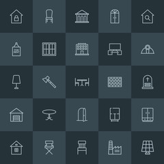 Modern Simple Set of industry, buildings, furniture Vector outline Icons. ..Contains such Icons as  ecology,  industrial,  security,  home and more on dark background. Fully Editable. Pixel Perfect.