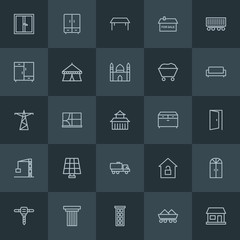 Modern Simple Set of industry, buildings, furniture Vector outline Icons. ..Contains such Icons as  clothing,  wagon,  curtain, drill,  door and more on dark background. Fully Editable. Pixel Perfect.