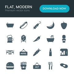 Modern Simple Set of food, hotel, drinks Vector fill Icons. ..Contains such Icons as  kebab,  food,  care,  bottle, scrambled, sign,  vector and more on white background. Fully Editable. Pixel Perfect
