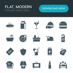 Modern Simple Set of food, hotel, drinks Vector fill Icons. ..Contains such Icons as bread,  breakfast, television,  bulgarian,  food,  meat and more on white background. Fully Editable. Pixel Perfect