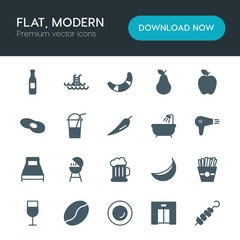 Modern Simple Set of food, hotel, drinks Vector fill Icons. ..Contains such Icons as  wineglass, banana,  breakfast,  grilling, food, water and more on white background. Fully Editable. Pixel Perfect
