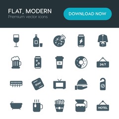 Modern Simple Set of food, hotel, drinks Vector fill Icons. ..Contains such Icons as  isolated, sign,  spa, cup, solid,  hotel,  mug,  snack and more on white background. Fully Editable. Pixel Perfect