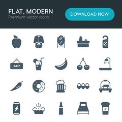 Modern Simple Set of food, hotel, drinks Vector fill Icons. ..Contains such Icons as  comfortable,  beverage,  egg,  dessert, beverage, can and more on white background. Fully Editable. Pixel Perfect