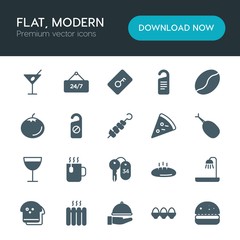 Modern Simple Set of food, hotel, drinks Vector fill Icons. ..Contains such Icons as bathroom,  heater,  icon,  egg, hotel,  hamburger,  mug and more on white background. Fully Editable. Pixel Perfect