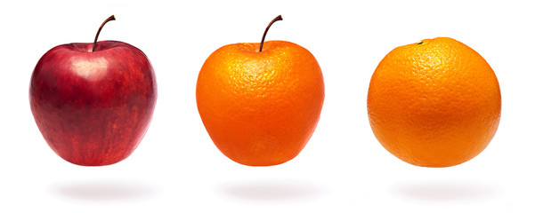 Normal apple, orange and apple with orange peel