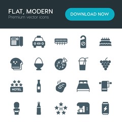 Modern Simple Set of food, hotel, drinks Vector fill Icons. ..Contains such Icons as  service,  energy, bedroom,  cab,  door,  hotel,  room and more on white background. Fully Editable. Pixel Perfect