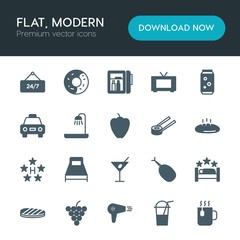 Modern Simple Set of food, hotel, drinks Vector fill Icons. ..Contains such Icons as  dessert, chicken,  donut,  hotel,  drink, ice,  pink and more on white background. Fully Editable. Pixel Perfect