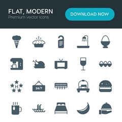 Modern Simple Set of food, hotel, drinks Vector fill Icons. ..Contains such Icons as  pool,  interior,  carrier,  mug,  tea,  hotel,  travel and more on white background. Fully Editable. Pixel Perfect