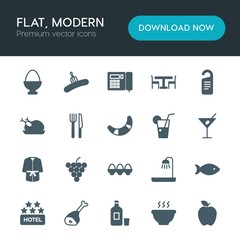 Modern Simple Set of food, hotel, drinks Vector fill Icons. ..Contains such Icons as  shower,  white,  set, food,  food,  meat, hotel,  bath and more on white background. Fully Editable. Pixel Perfect