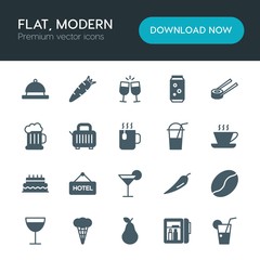 Modern Simple Set of food, hotel, drinks Vector fill Icons. ..Contains such Icons as  cuisine,  hotel,  salmon,  food,  fresh,  summer,  red and more on white background. Fully Editable. Pixel Perfect