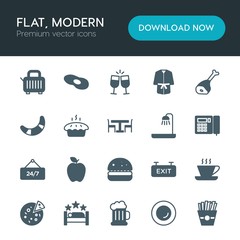 Modern Simple Set of food, hotel, drinks Vector fill Icons. ..Contains such Icons as  alcohol, scrambled,  background,  nature,  exit,  cup and more on white background. Fully Editable. Pixel Perfect