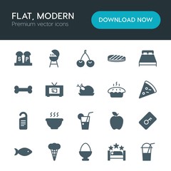 Modern Simple Set of food, hotel, drinks Vector fill Icons. ..Contains such Icons as  meat,  lock,  spice,  unlock, food, cherry,  cream and more on white background. Fully Editable. Pixel Perfect