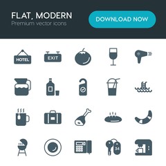 Modern Simple Set of food, hotel, drinks Vector fill Icons. ..Contains such Icons as  set, stationery, food,  hotel, sign,  bakery, bread and more on white background. Fully Editable. Pixel Perfect