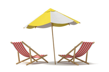 3d rendering of a white and yellow beach umbrella standing above two deck chairs.