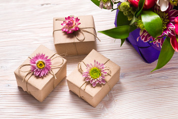 Holyday concept, gift boxes on wooden table