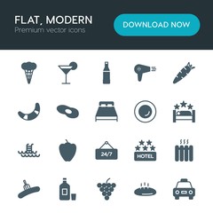 Modern Simple Set of food, hotel, drinks Vector fill Icons. ..Contains such Icons as  modern,  drink, summer, dryer,  design,  home, room and more on white background. Fully Editable. Pixel Perfect