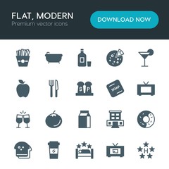 Modern Simple Set of food, hotel, drinks Vector fill Icons. ..Contains such Icons as hotel,  travel,  ripe, luxury,  wine,  sign,  paper and more on white background. Fully Editable. Pixel Perfect