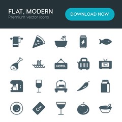 Modern Simple Set of food, hotel, drinks Vector fill Icons. ..Contains such Icons as  hygiene,  beverage,  porridge,  soft,  unlock,  spa and more on white background. Fully Editable. Pixel Perfect