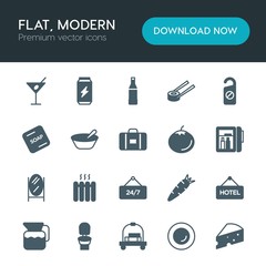 Modern Simple Set of food, hotel, drinks Vector fill Icons. ..Contains such Icons as  toilet, fresh,  travel, can,  water, cheese, water and more on white background. Fully Editable. Pixel Perfect