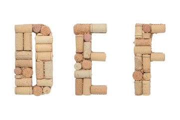 Alphabet letter D, E, F made of  wine corks isolated on white background. ABC set