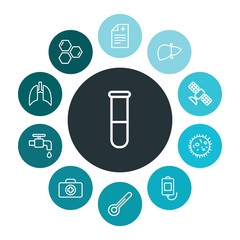 health, science, nature Infographic Colorful outline Icons Set. Contains such Icons as water,  pharmacy,  lab, bacteria,  communication, kit,  test,  research and more. ..Fully Editable. Pixel Perfect