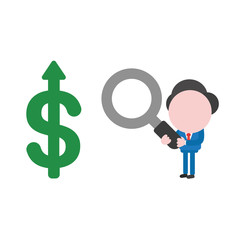 Vector illustration businessman holding magnifying glass and looking dollar with arrow up